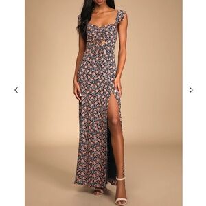 Lulu's Maxi Dress with Cutout Peach/Orange on Navy Sz XS